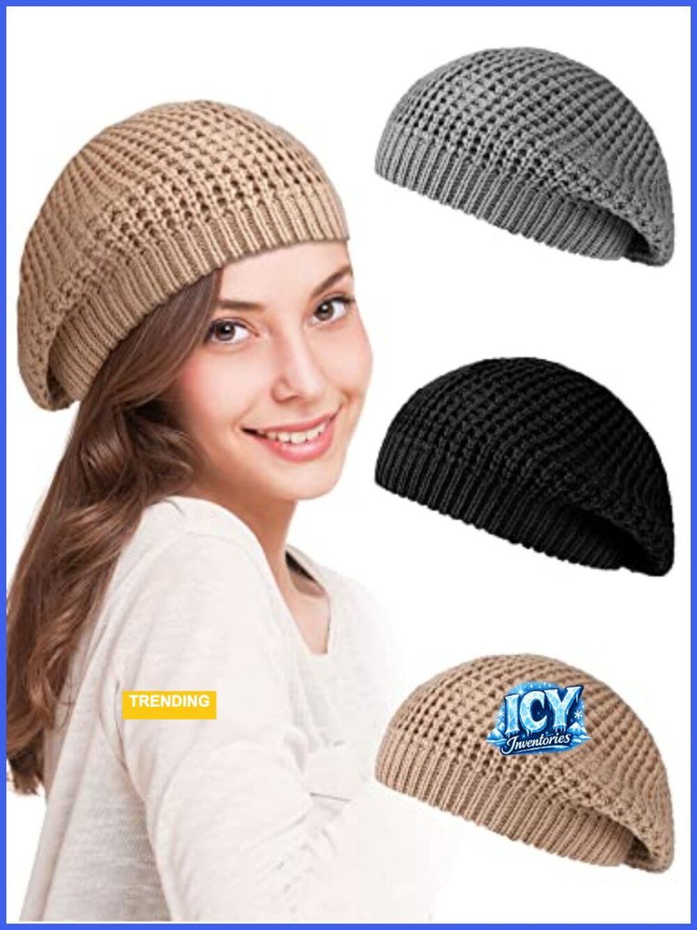 Crochet Beret Knit Beanies for Women Acrylic Slouchy Hat